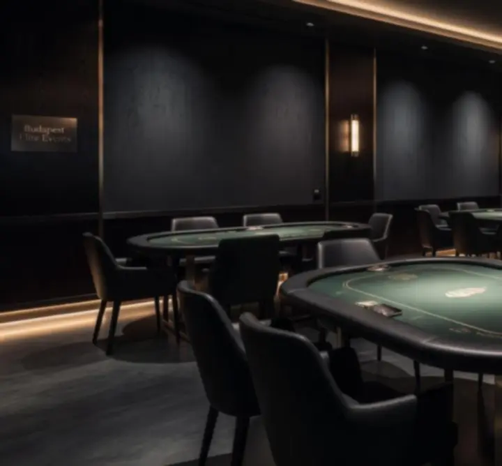 Sötét, elegáns pókerasztalokkal berendezett Budanight eseményhelyszín