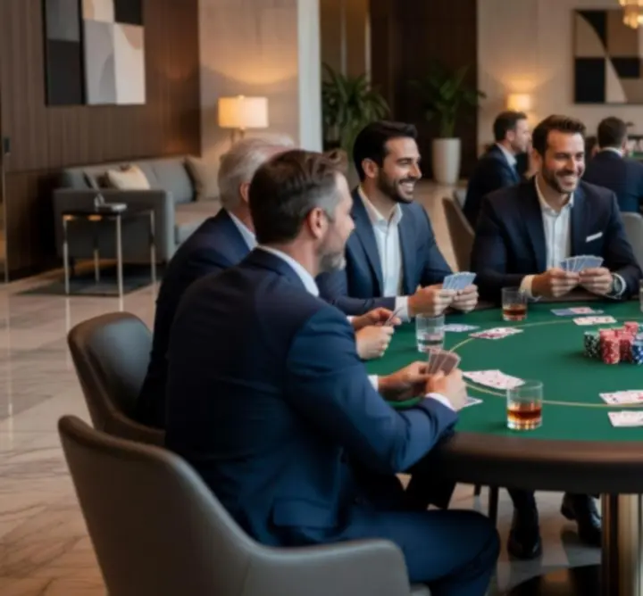 Vállalati csapat építi a csapatszellemet egy poker asztal körül Budanight eseményen