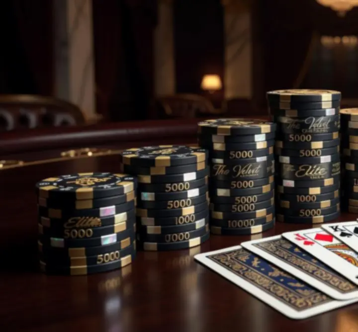 Prémium pókerzsetonok és kártyapaklik közelről, elegáns megvilágításban