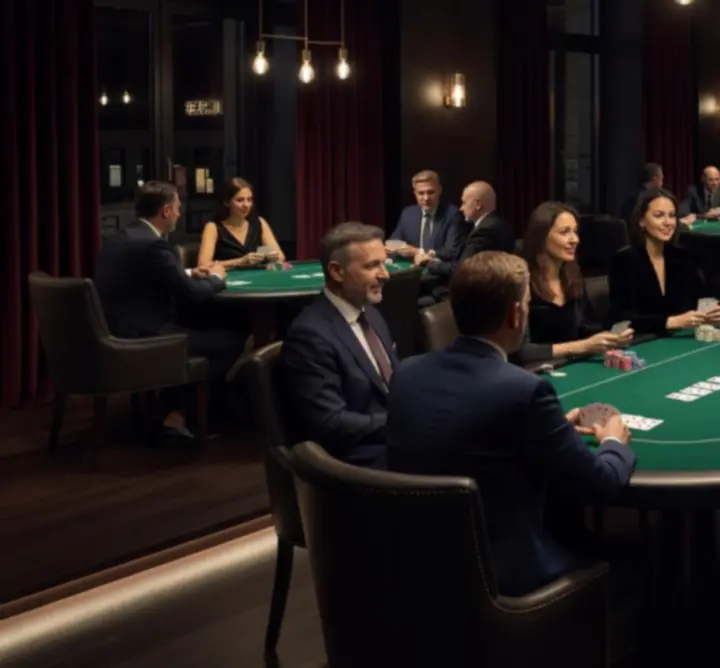 Elegáns, sötét tónusú pókerasztal Budapesten, prémium hangulattal