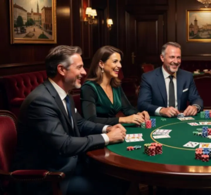 Vendégek csoportja, akik felszabadultan élvezik a póker társas élményét a Budanight helyszínén