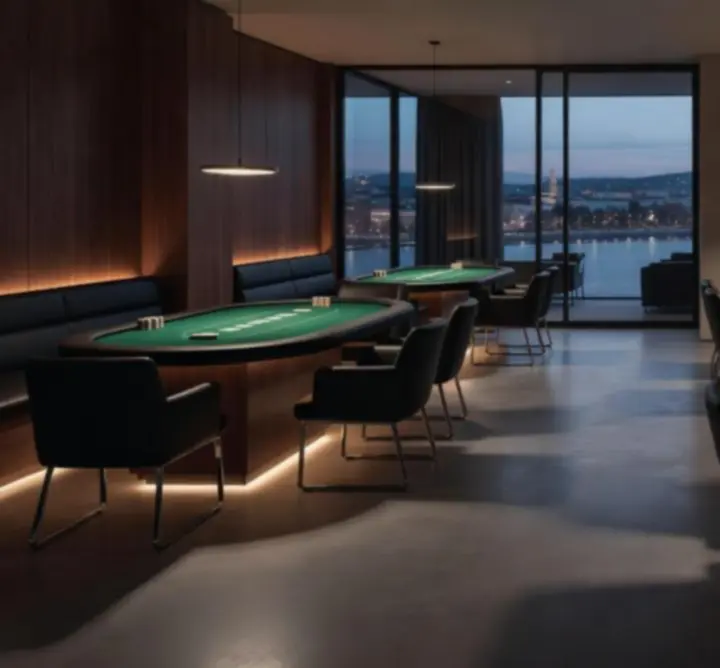 Modern, sötét tónusú pókeresemény helyszín hangulatos megvilágítással